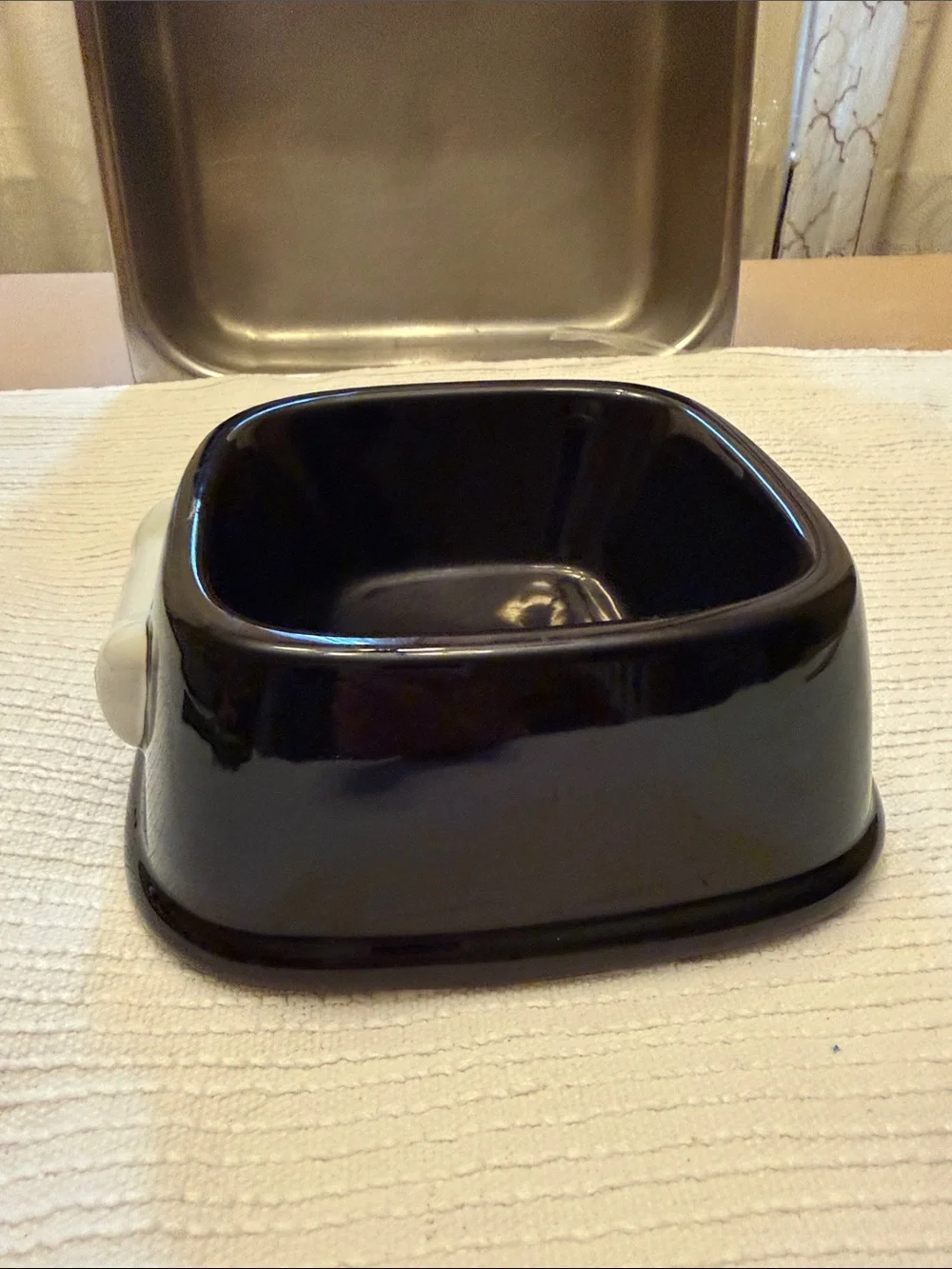 Black Ceramic Dog Bowl with White Bone Accent -cleaned and sanitized